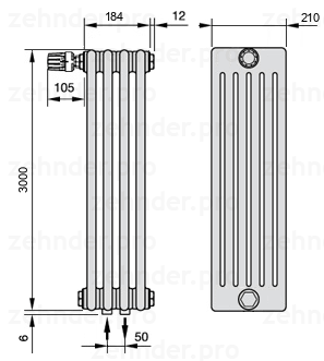 Схема (чертеж) Радиатор Zehnder Charleston 6300/4 №V007 Белый глянцевый RAL 9016